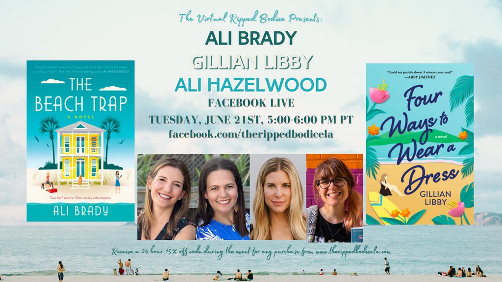 THIS TUESDAY! <a href="/AliBradyBooks/">AliBradyBooks</a> and <a href="/GillianLibby/">Gillian Libby</a> will chat with Ali Hazelwood <a href="/EverSoAli/">Ali Hazelwood (No longer active)</a> about their new releases: 
🏖️Beach Trap
👗Four Ways to Wear a Dress
 
Join us on Facebook Live on June 21st at 5pm PT. 
 
RSVP for a reminder: therippedbodicela.com/events-and-tic…