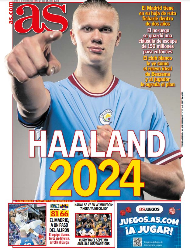 HoyEnDeportes4's tweet image. Haaland no ha debutado todavía con el City y el diario AS ya lo ficha para el Madrid. No puede ser. JAJAJAJAJAJA