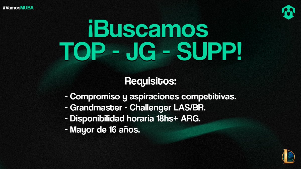 ¡TRYOUTS ABIERTOS!

Nos encontramos en la búsqueda de un TOP, JG y SUPP para incorporar en nuestro roster principal.

Para más información pueden contactarnos vía MD.

Cualquier tipo de difusión es agradecida.