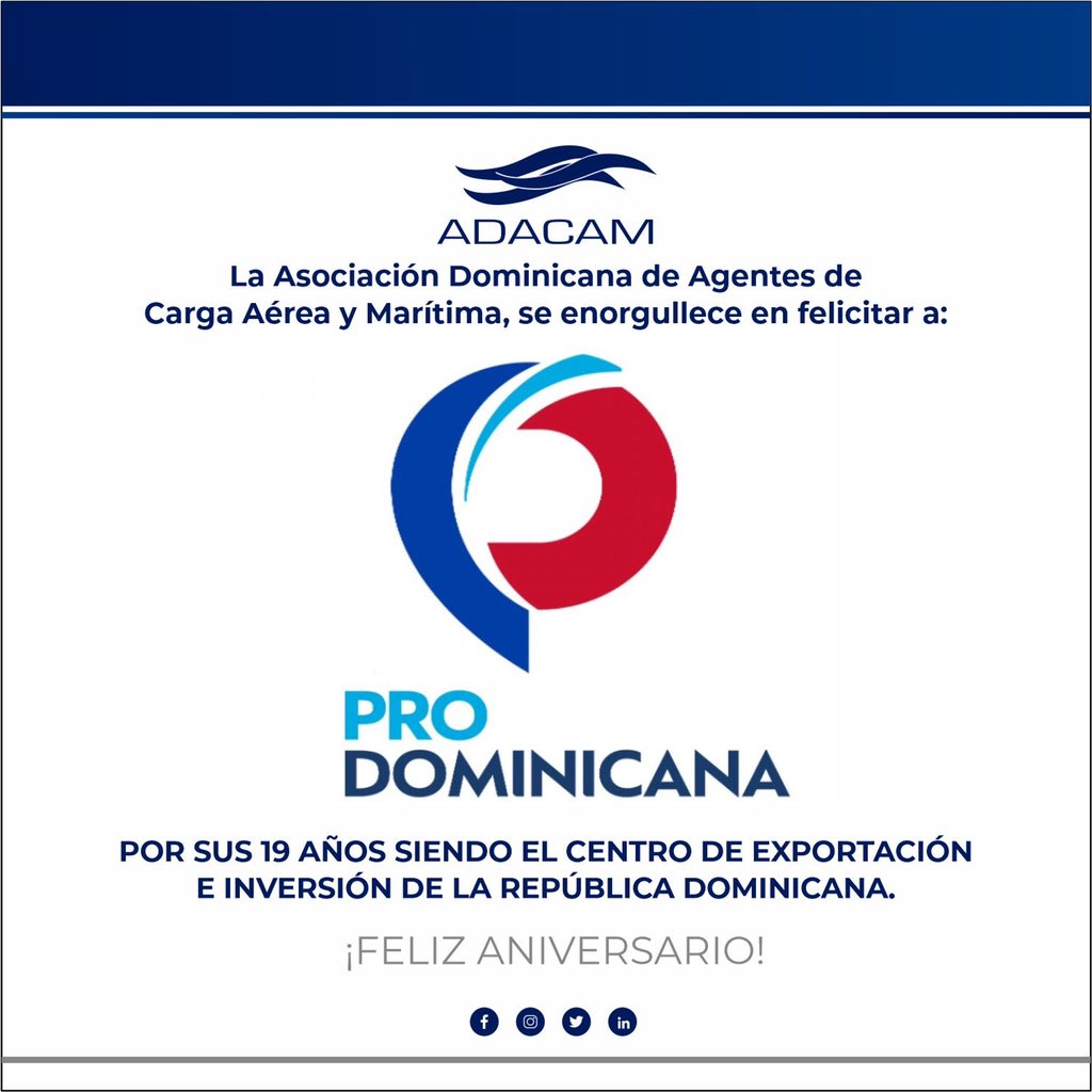 ADACAM1's tweet photo. Nos complace celebrar junto @prodominicana sus 19 años aportando y siendo el centro de exportación e inversión del país.
¡FELICITACIONES!
#Adacam #AgentesDeCargas #FreeForWards #aniversario https://t.co/4MXcmBEBGu