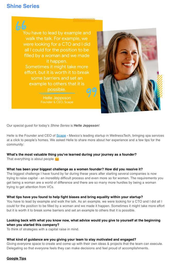 Congrats <a href="/HelleJeppsson/">Helle Jeppsson</a>! I love reading about you in the <a href="/google/">Google</a> startups women founders newsletter.

Proud friend &amp; colleague