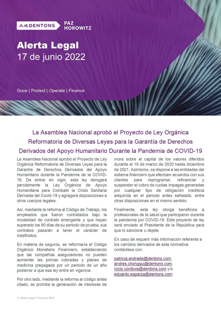 #AlertaLegal 
La Asamblea Nacional aprobó el Proyecto de Ley Orgánica Reformatoria de Diversas Leyes para la Garantía de Derechos Derivados del Apoyo Humanitario durante la Pandemia de COVID-19. 
Entérate más leyendo nuestro #newsletter! 

#Lawyers #COVID19 #DentonsPazHorowitz