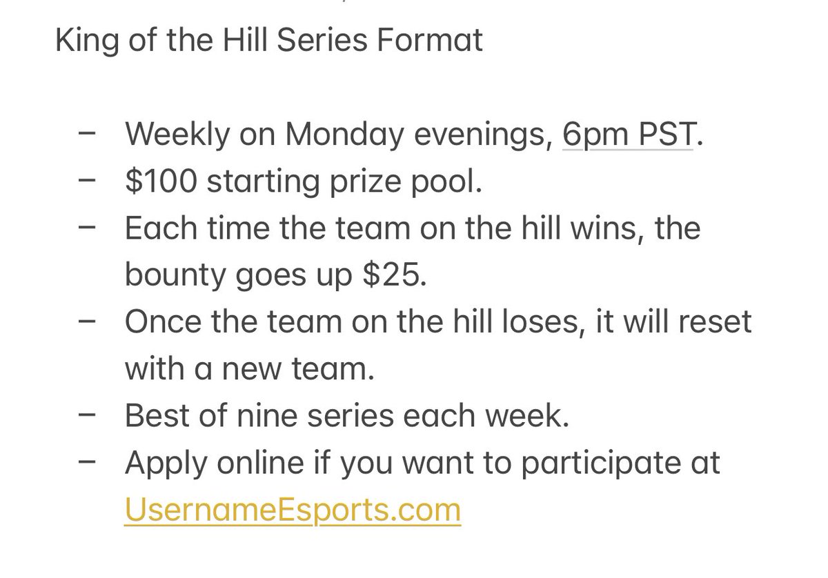 UsernameEsports's tweet photo. Looking for a team to play on Monday in our King of the Hill Series. Series will be against CN Invizion and winning team gets $150 this week. Register online now: https://t.co/qHKuqLSU4N
#HCS #Halo #eSports
@theGoldStarBr @HuNteR_Jjx https://t.co/zbnzYGhHX9