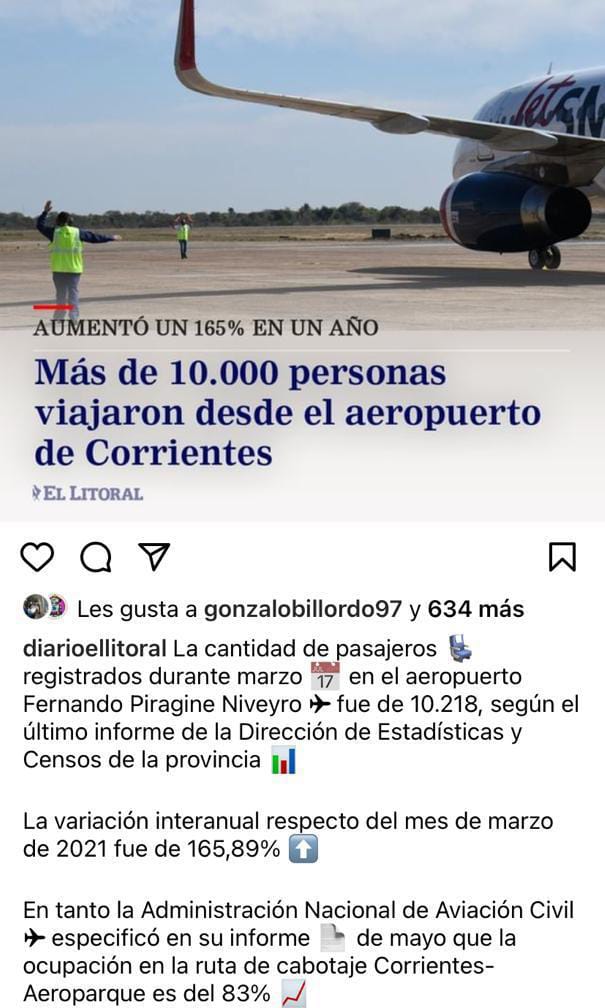 Me encanta compartir buenos momentos y en este caso uno muy especial sobre el movimiento que posee el Aeropuerto de Corrientes del cual soy El Intendente hace casi 4 años y deseo seguir creciendo y poder brindarles mejores servicios a Nuestro Pasajeros y Turistas en general👏👏👍