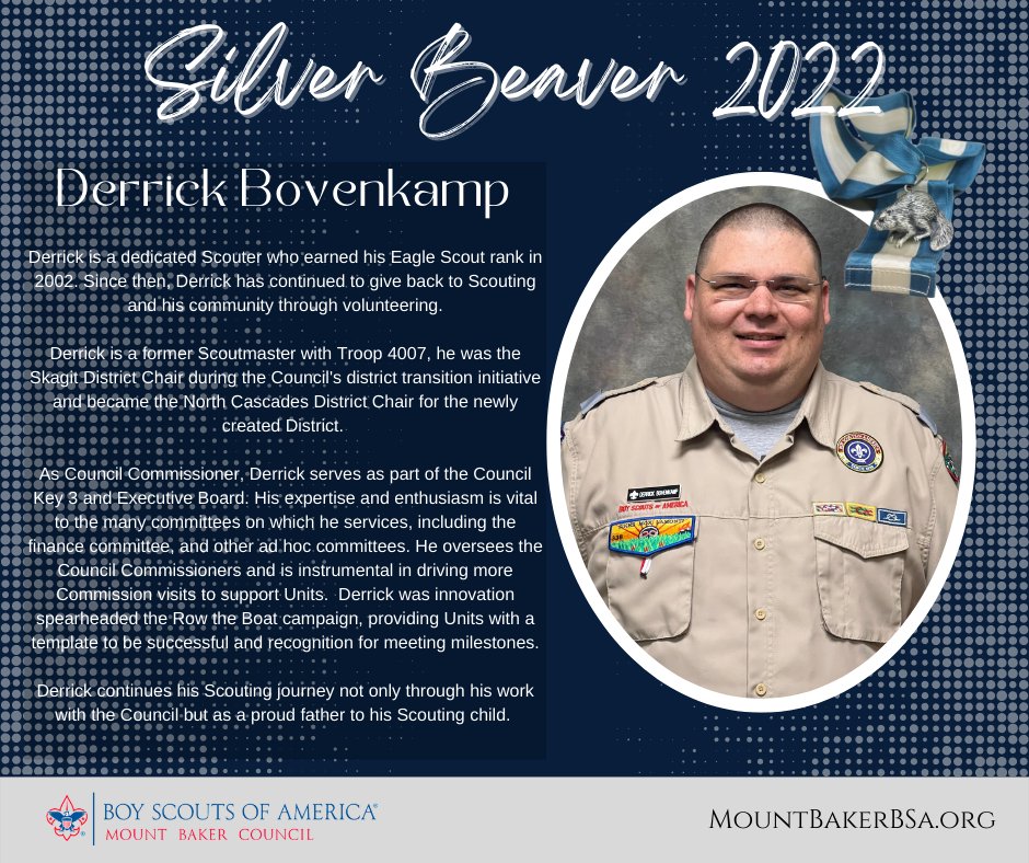 MountBakerBSA's tweet photo. Congratulations to Derrick Bovenkamp @bovie2k - Silver Beaver recipient for 2022.

#MBCScouts #SilverBeaver #AdventureGrowsHere https://t.co/C9ILdK3xLm