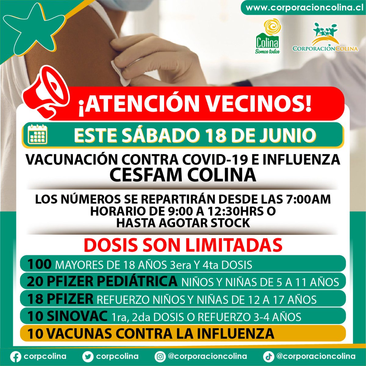 #VACUNACIONFINDESEMANA 
Estimadas vecinas y vecinos informamos que durante este Sábado 18 DE JUNIO se realizará una vacunación extraordinaria contra la influenza y Covid-19 EN CESFAM COLINA ⚠La atención será con número, los que se repartirán desde las 7:00 AM en el mismo lugar.