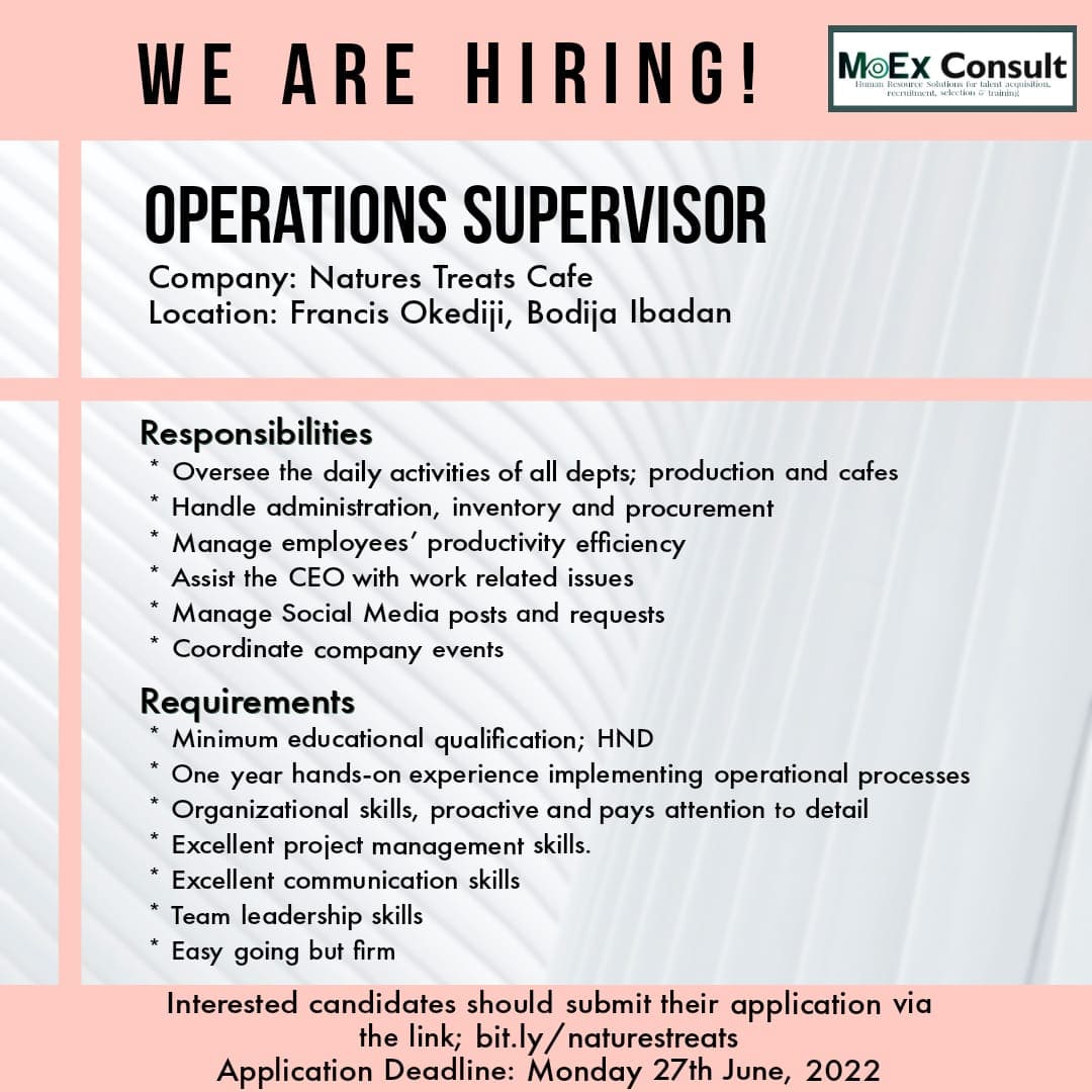 I am hiring an Operations Manager. The ideal candidate is a proactive team leader with great organizational and project management skills.

#hiring #ibadanvacancies #moexconsult #ibadan #ibadanjobs #staffing #Emmanuel #ASUUStrikeMustEnd #fridaymorning