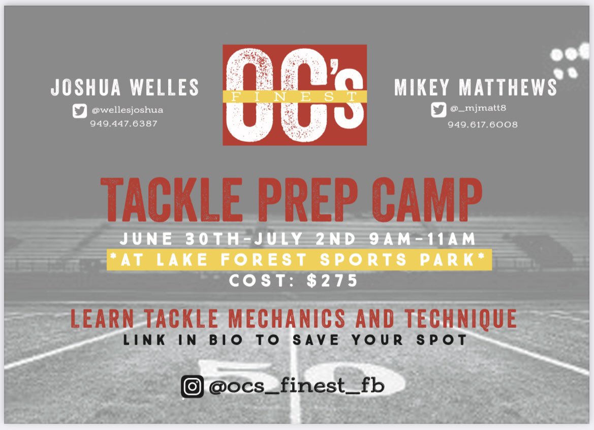 WellesJoshua's tweet photo. Running a youth tackle preparation camp with Mikey Matthews @_mjmatt8 We’ll work ball skills, footwork, and tackle technique for all positions! https://t.co/lrbPJNy06h