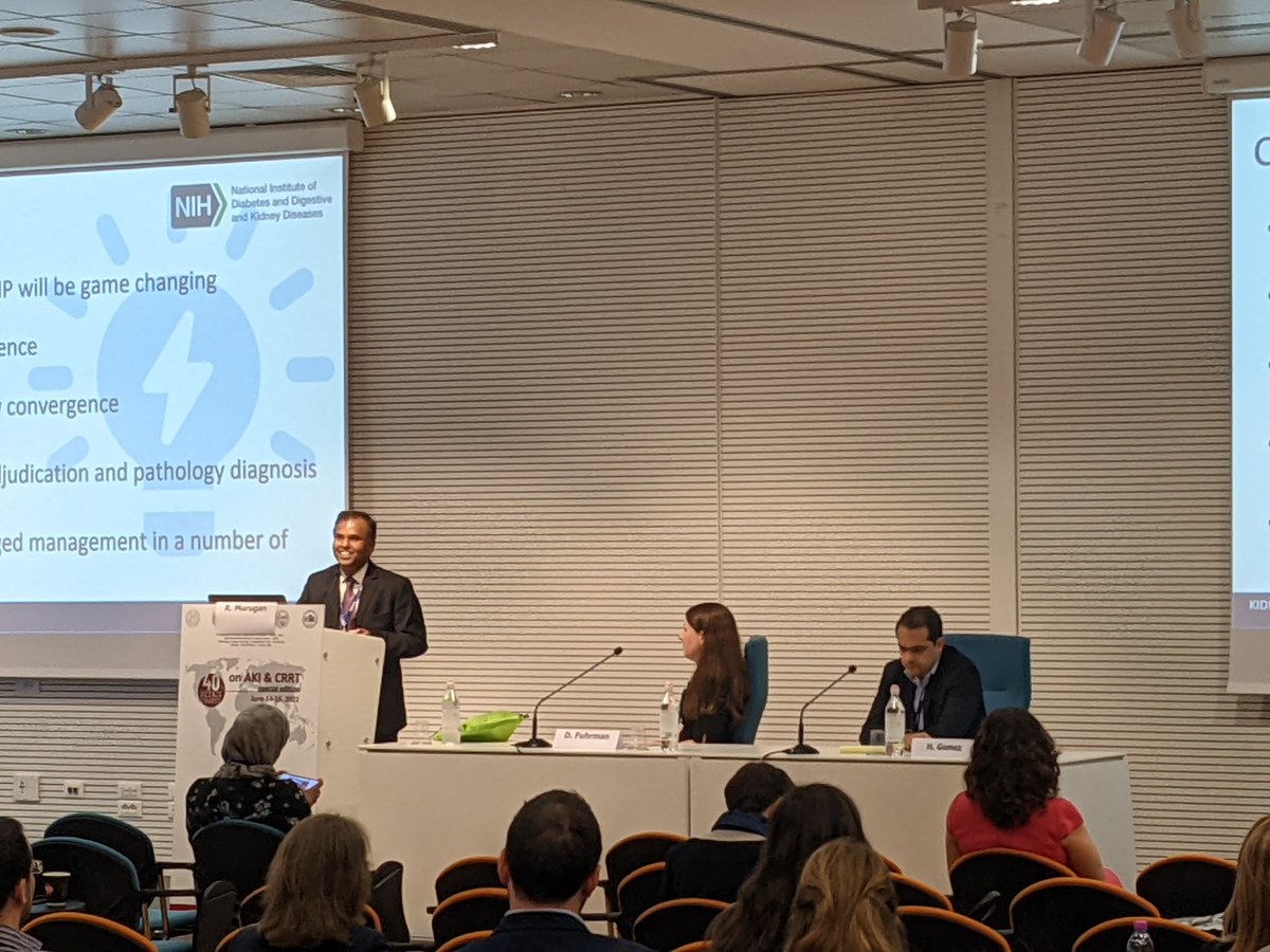 Dr. Murugan sharing the exciting findings of the Kidney Precision Medicine Project for a packed room in Vincenza as Dr. Fuhrman and Dr. Gomez moderate!