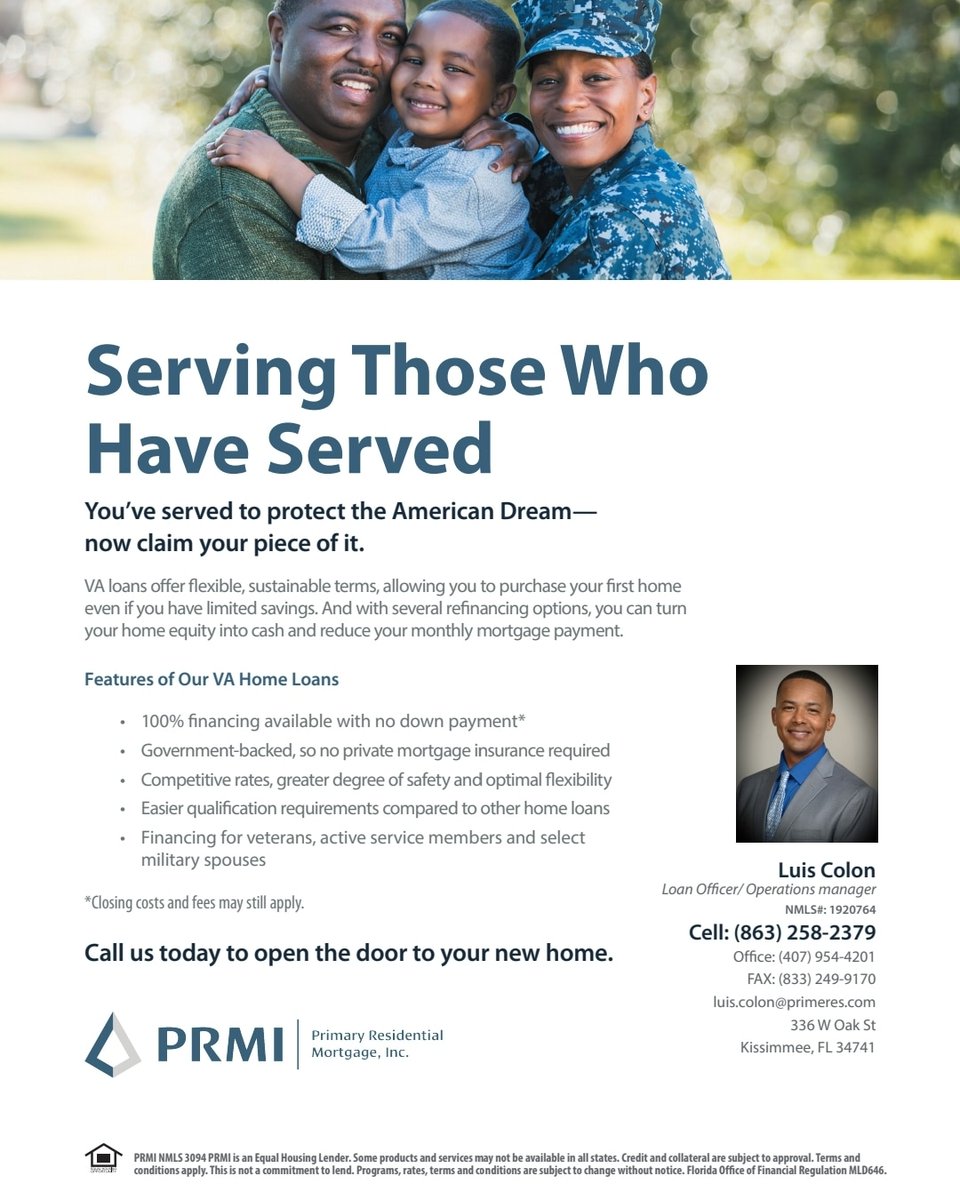 colonloans's tweet photo. Are you Veteran looking to buy a property in Florida? Let me help you with your mortgage needs. You deserve a great service. #VAloan #VAlender #Valoanspecialist #Floridalender #mortgage #loanofficer #floridarealestate https://t.co/yoxtIU0fEU