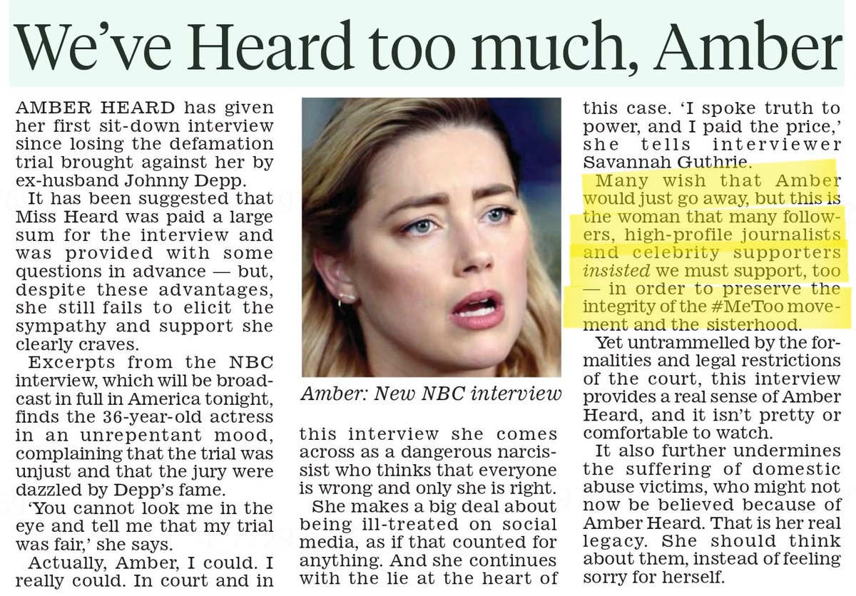 TheatreofZen's tweet image. I dislike quoting The Daily Mail UK, but I highlighted in yellow a portion of what Jan Moir wrote which is why I'm sick of the fake support for Amber under #MeToo. REAL victims of DV have been harmed by her charade! Find real victims to support, not her! #JusticeForJohnnyDepp
