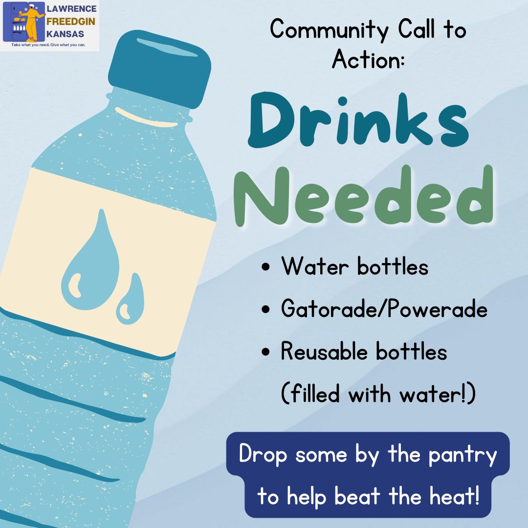 It is going to be in the upper 90° all weekend! Help us keep people cool by dropping off water (frozen bottles too!), electrolyte drinks, or reusable bottles filled with water at the pantry. 
You can also help us purchase these things by sending funds to @LFKEATS!