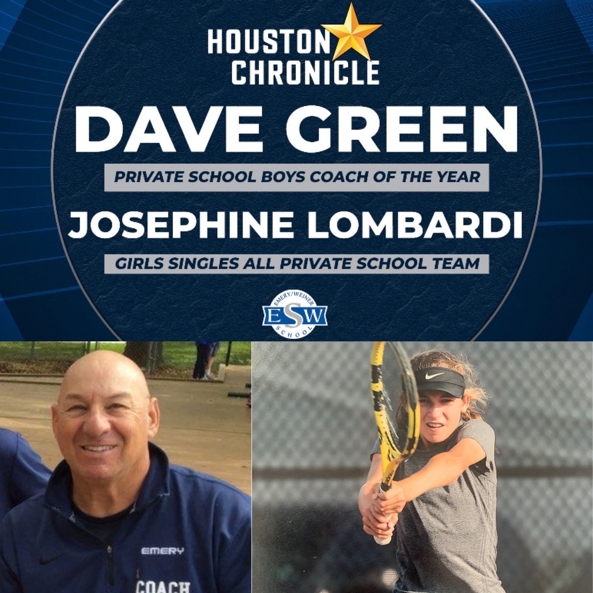 Congratulations Coach Dave Green for being recognized as Private School Boys Coach of the Year and Josephine Lombardi for being selected on the <a href="/HoustonChronHS/">Houston Chronicle High School Sports</a> Girls Singles Private School Team.  Great job to both of you!!  #JaguarNation