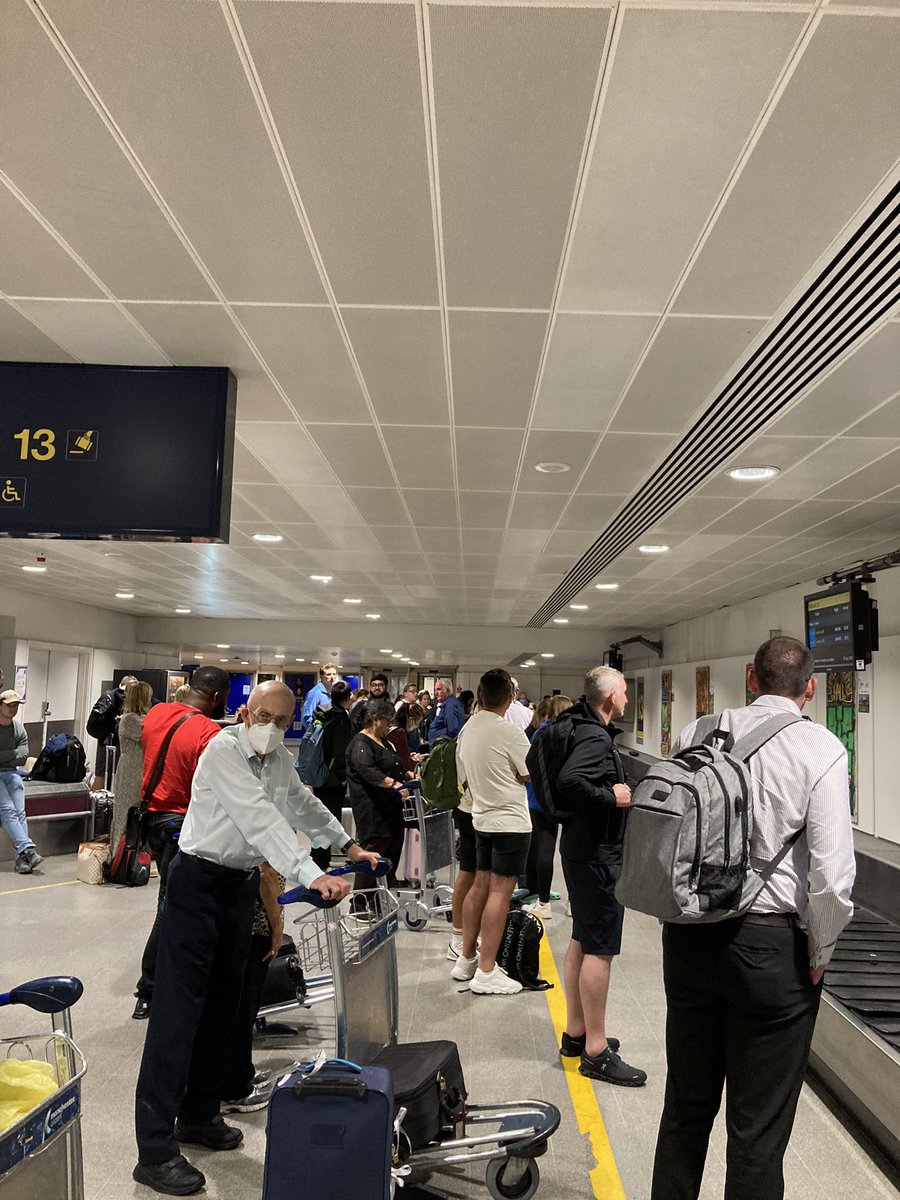More #travel chaos and #disruption!Been waiting over an hour for any bags o arrive, apparently due to lack of ground staff. There are no <a href="/British_Airways/">British Airways</a> or <a href="/MenziesAviation/">Menzies Aviation</a> staff anywhere, the <a href="/manairport/">Manchester Airport</a> say”not our problem, luggage is  not managed by us”