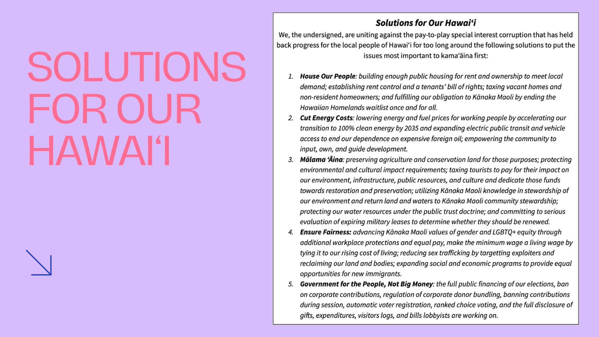 The Our Hawai’i Pledge—now signed by 21 candidates for office &amp; counting—is based off of the “Solutions for Our Hawai’i” policy agenda. It was created w/consultation of community groups &amp; issue experts across the islands &amp; is backed by 13 leading community &amp; statewide groups. 1/4