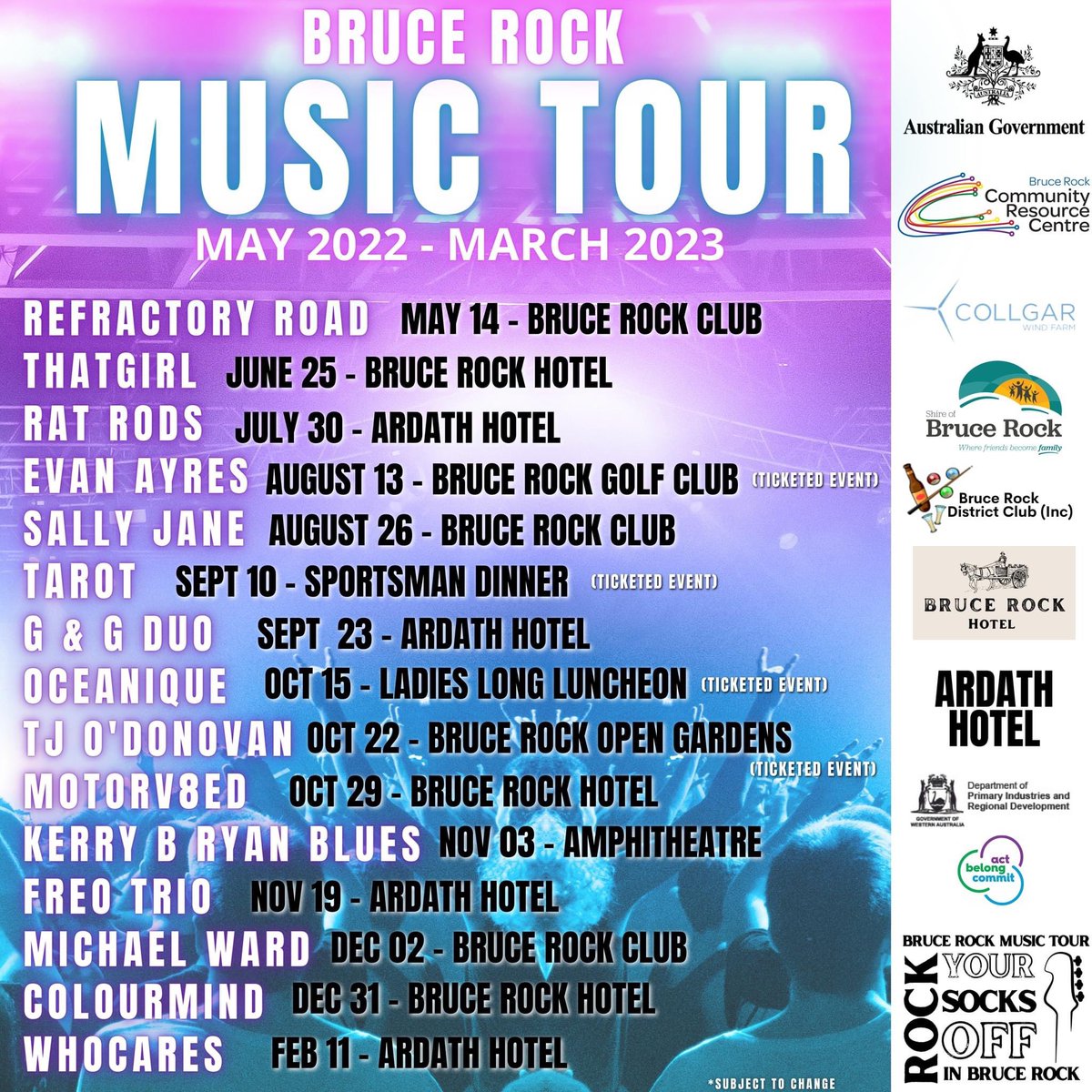 bruce_rockCRC's tweet photo. ‼️Get ready to Rock Your Socks Off in Bruce Rock..

We have 15 amazing original artists and bands 🎸🎤 heading to Bruce Rock to perform at one of our venues over the next 9 months and then all returning to Bruce Rock in March 2023 for the grand finale - more details https://t.co/SDmqHqisxu