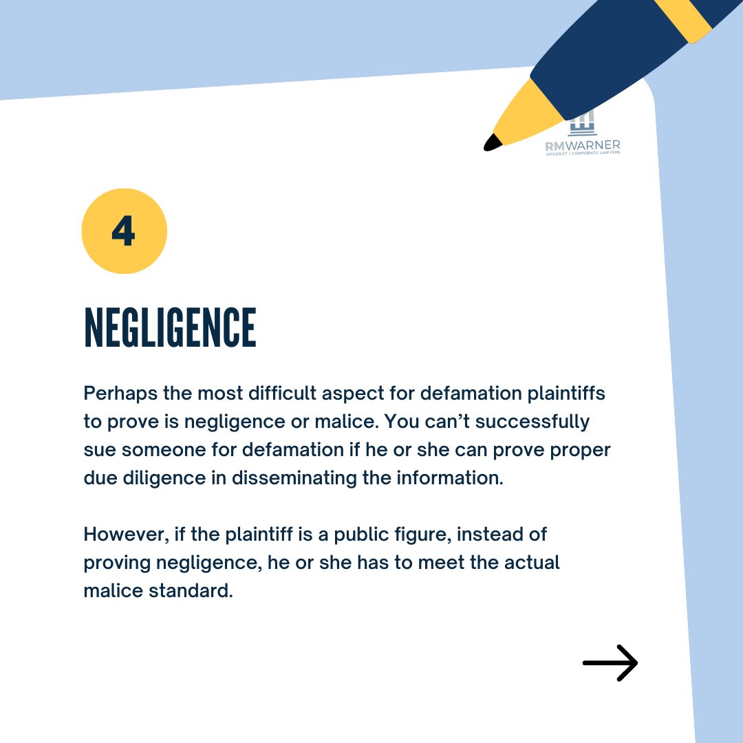 RMWarnerLaw1's tweet image. Before you jump the gun on a #defamationlawsuit, make sure you have all the facts on your side. If you've been defamed, contact an experienced #defamationattorney at RM Warner Law by clicking the link in our bio, and head over to our Insta to see the 5th #defamationelement!