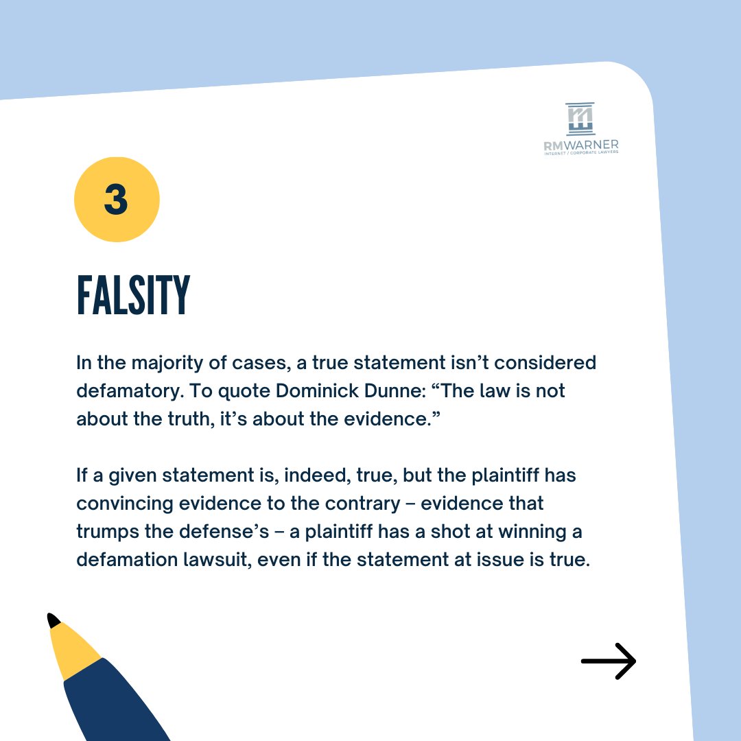 RMWarnerLaw1's tweet image. Before you jump the gun on a #defamationlawsuit, make sure you have all the facts on your side. If you've been defamed, contact an experienced #defamationattorney at RM Warner Law by clicking the link in our bio, and head over to our Insta to see the 5th #defamationelement!