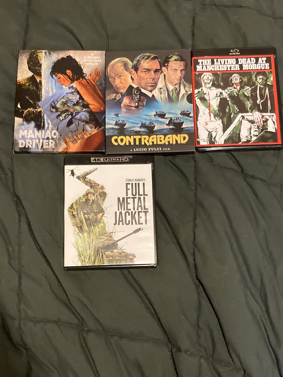 Guyver_Spawn's tweet photo. My latest movie haul. I got the first three from @diabolikdvd. I had to cover up the cover because I don’t want to risk my account being taken down for nudity. #ManiacDriver #Contraband #TheLivingDeadattheManchesterMorgue #fullmetaljacket #movies #bluray #HorrorMovies https://t.co/I9l71R8uAw