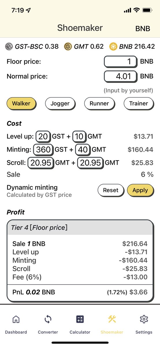 StepnShoemaker's tweet image. New feature minting scroll cost
Minting profit report 
BSC: $3.66 (1.72%)
SOL: $-17.14 (-10.95%)
#STEPN #GST #GMT #MoveToEarn