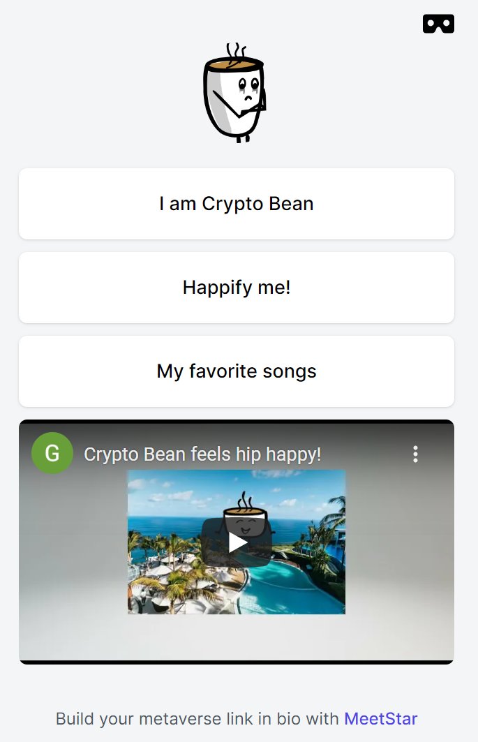 CryptoBeanRC's tweet photo. Soon everyone will have a #LinkInBio microsite page with top links. Even Crypto Bean likes to have one using #meetstar in #cryptobeanresortclub 😉 .

Sign up for early access to MeetStar here https://t.co/OHlzlLrr8Z https://t.co/YDBdUVdKQ5