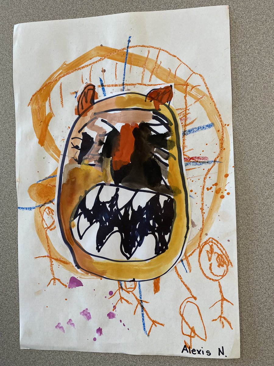 claregooutside's tweet photo. Have you ever felt so angry you thought you just might roar? This week the Walnut Park Kindergarten class read Ravi’s Roar by Tom Percival and then learned about emotions to create an angry tiger. They used lines and splatter painting to create an expressive background.@sd54BV https://t.co/474qwRAaUM