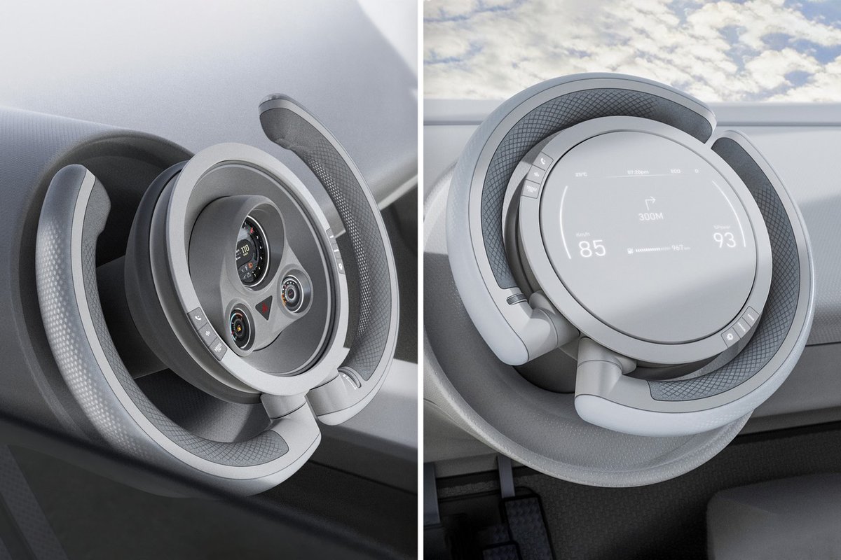 yankodesign's tweet photo. Hate the steering yoke? This dynamic steering wheel design gives you the benefits of a yoke and wheel https://t.co/0OJHhQcQRM https://t.co/ILbzgUYwGd
