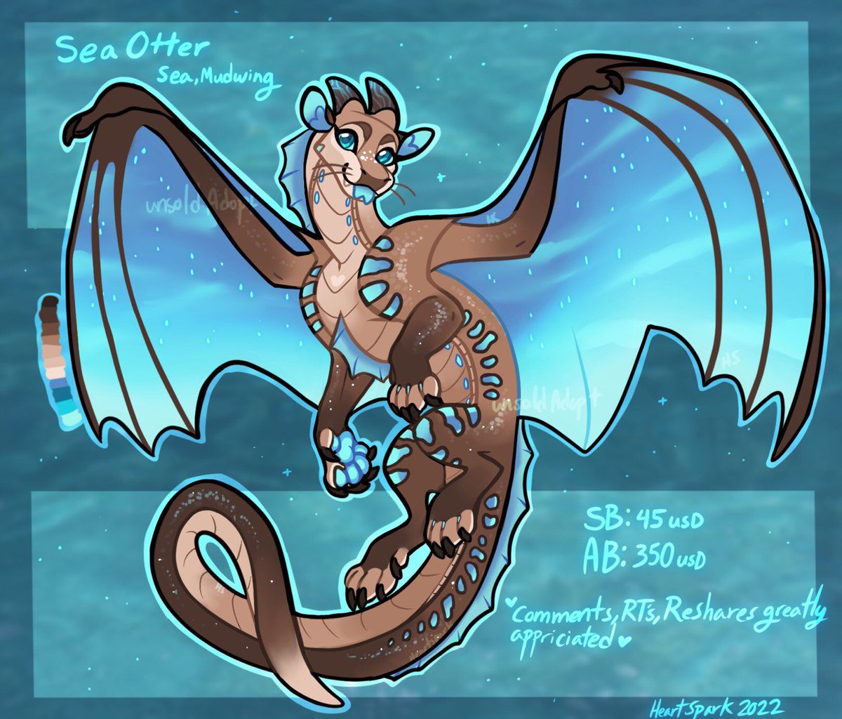 _heartspark's tweet photo. Everyone wanted an ocean inspired dragon so I thought, sea otter dragon? 

Theyre an adorable sea/mudwing hybrid !!! I had so much fun with this one 🥰 détails will be in the 🧵 and image!

🔄 and comments are greatly appreciated 💙 https://t.co/oYXffqQVzi