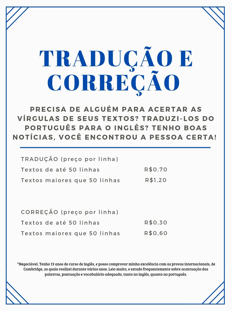 ivy_meshol's tweet photo. ALÔ, ESCRITORES, ESTUDANTES E PESSOAS NECESSITADAS NO GERAL! Estou aqui para oferecer-lhes uma ótima oferta de correção/tradução de textos, pois os erros gramaticais, de concordância e pontuação, que observo nos livros lidos por mim, passaram a me incomodar bastante. https://t.co/7ZyheSl22c