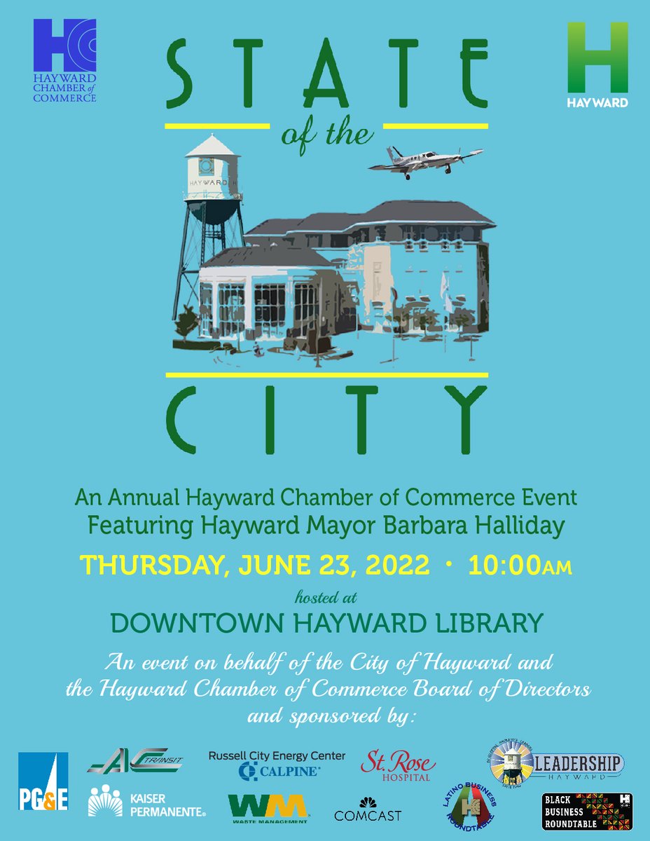 All chamber members and the public are welcome to attend the State of the City, Thursday, June 23, 2022 at 10 a.m. located at the Downtown Hayward Library. The event will also be broadcast via Facebook live at 10 a.m.