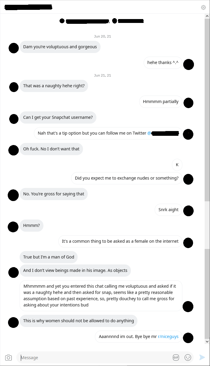 back when i was doing camming, i mentioned it on reddit and this classic r/niceguys dm'd me, was an interesting exchange XD - #reddit #Shocking #camming #rude #funniesttweets #gross #mysogyny #wow https://t.co/1HmLigw7Ec