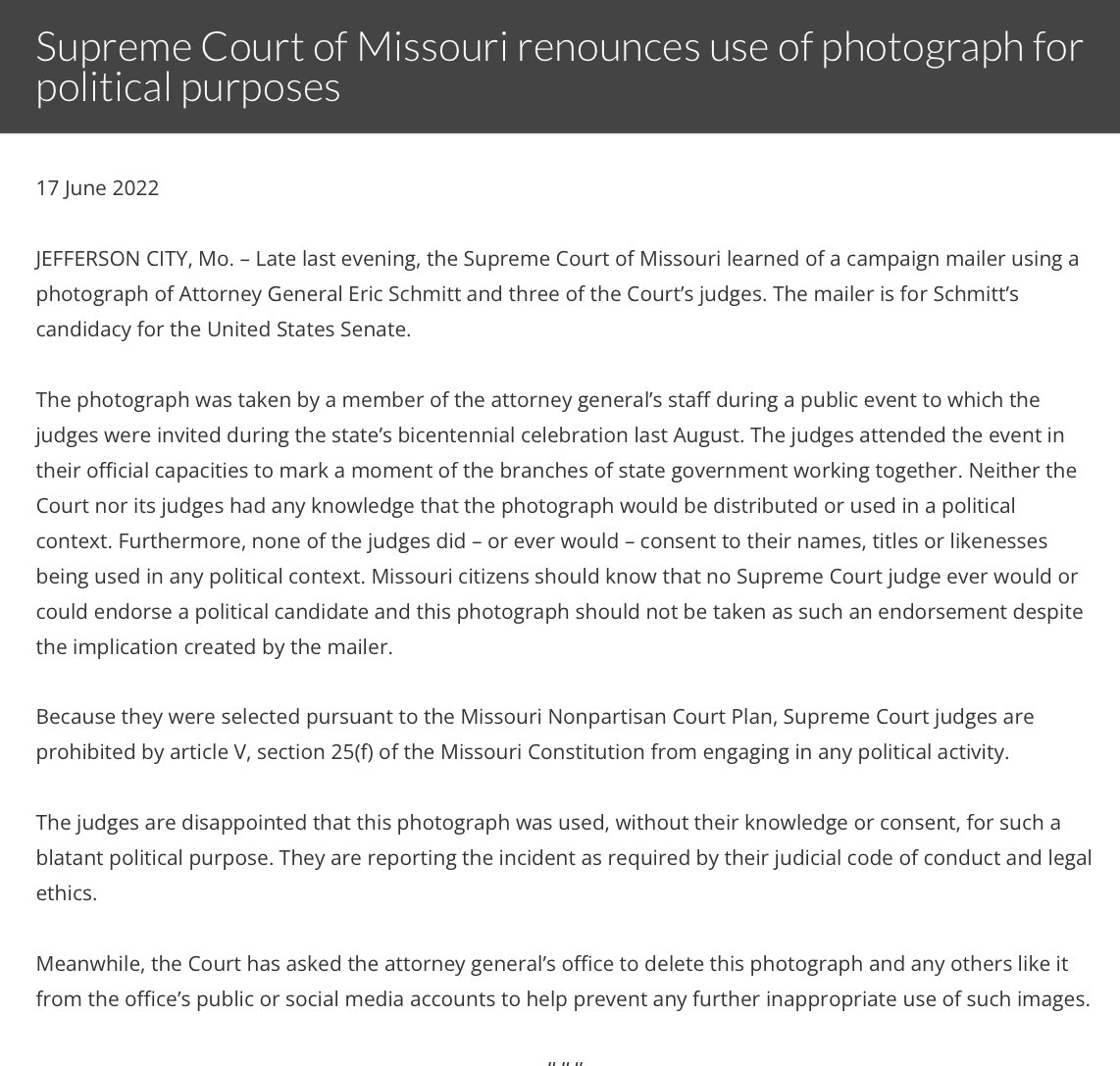 tonymess's tweet photo. Wait, @Eric_Schmitt did something unethical and had to be called out by the entire Missouri Supreme Court? Color me shocked! https://t.co/hXWz10Dfc3