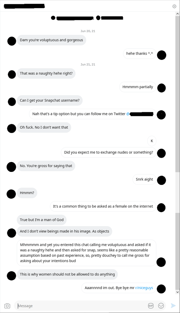 back when i was doing camming, i mentioned it on reddit and this classic r/niceguys dm'd me, was an interesting exchange XD

-
#reddit #Shocking #camming #rude #funniesttweets #gross #sexist