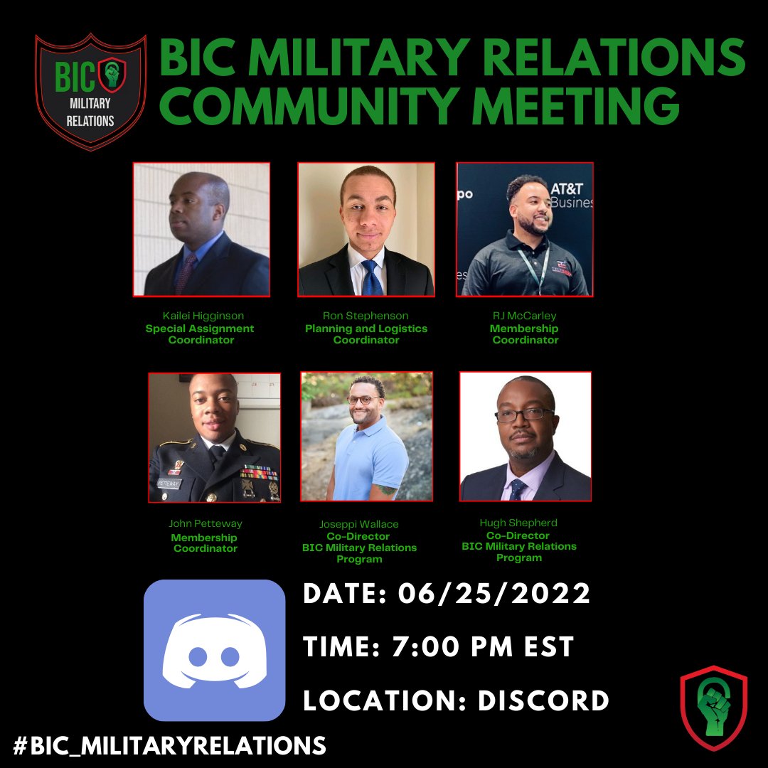 BlackInCyberCo1's tweet photo. Join BIC HQ for our Military Relations Community Meeting!
Location: Discord
Time: 6/25/2022 @ 7:00 PM EST
#BlacksInCyber #BIC #LitLikeBIC #BlackInCyber #blacksincybersecurity #blackincybersecurity #discord #community #cybersecurity #MCPA #VetSec #VetCon #Army #Navy #Spaceforce https://t.co/TEAyph126g