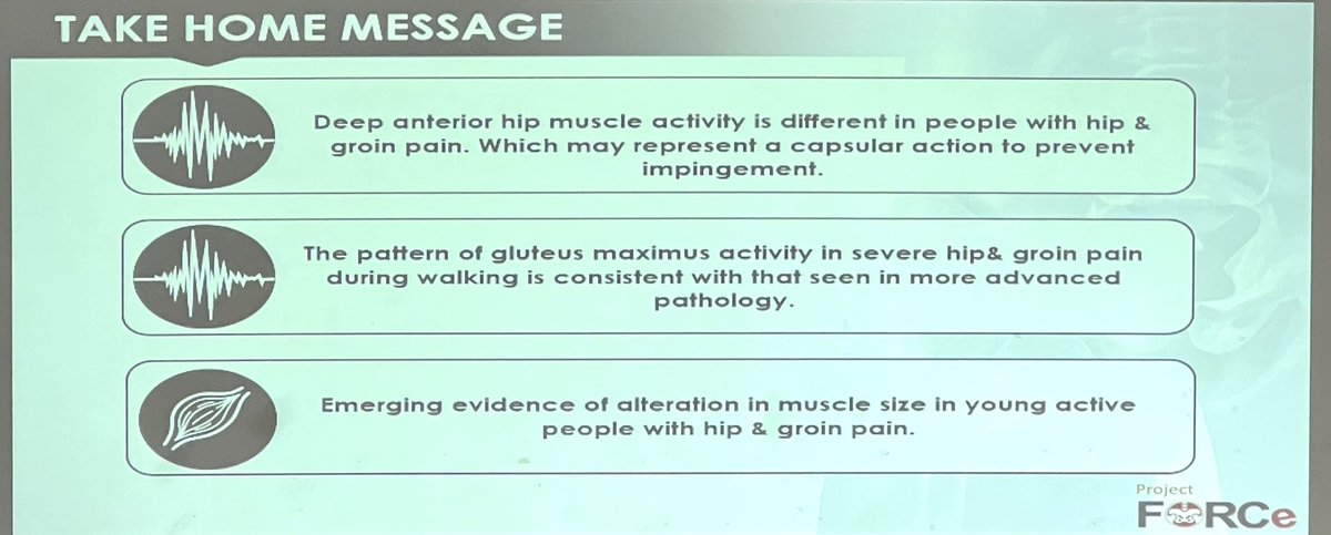 Some great take home messages <a href="/PeteLawrenson/">Peter Lawrenson</a> <a href="/LaTrobeSEM/">La Trobe SEMRC</a> #HipgroinPain #deepanteriorhipmuscles differ in activity patterns #gluteMax patterns differ in walking #muscleSizeComposition may differ in younger populations 😮Emerging results….