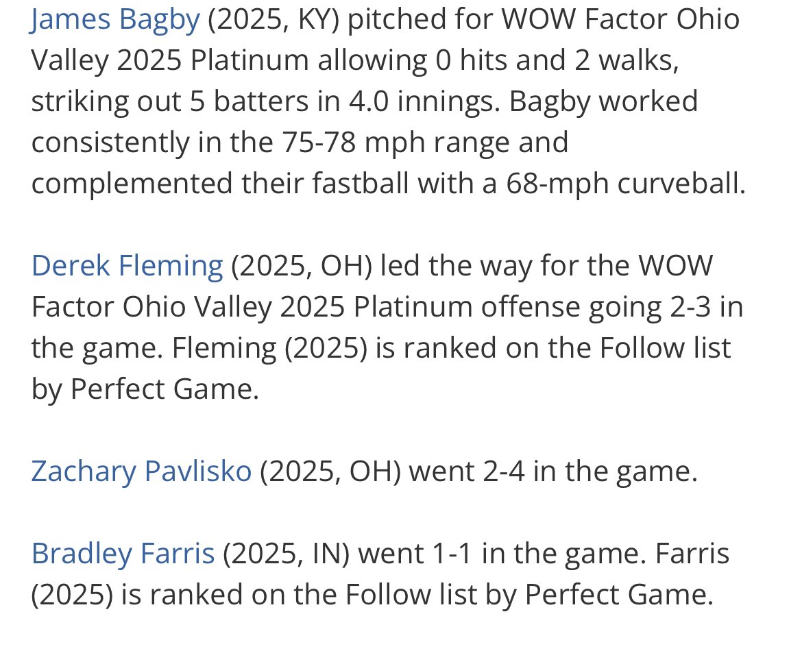 WOW Factor OH Valley Regional 2025 (@2025_wowohv) on Twitter photo Heartbreaking 1-0 loss in bottom of the 7th to Mariners team. Still some great takeaways from the game.@FactorKy <a href="/WowFactorNation/">Wow Factor Baseball</a> <a href="/FlatgroundApp/">FLATGROUND Pitching</a> <a href="/jjbagby_0/">jj bagby</a> Heartbreaking 1-0 loss in bottom of the 7th to Mariners team. Still some great takeaways from the game.@FactorKy <a href="/WowFactorNation/">Wow Factor Baseball</a> <a href="/FlatgroundApp/">FLATGROUND Pitching</a> <a href="/jjbagby_0/">jj bagby</a>