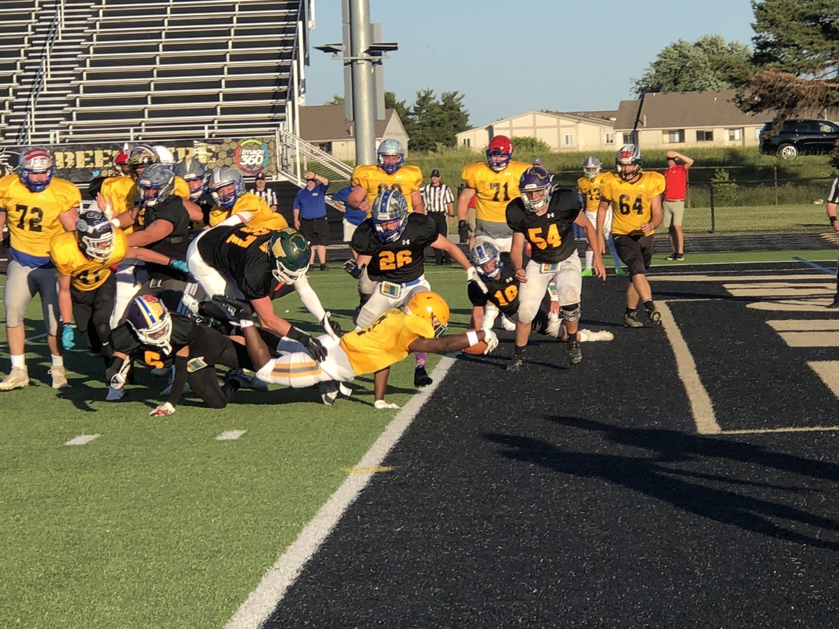 nw_fball's tweet photo. ⚫️ Black Team   7
🟡 Gold Team    20
S. McCoy powers into the endzone for the rushing TD! A.Dickens blocked by T. Grooms. https://t.co/flsl3SjMIF