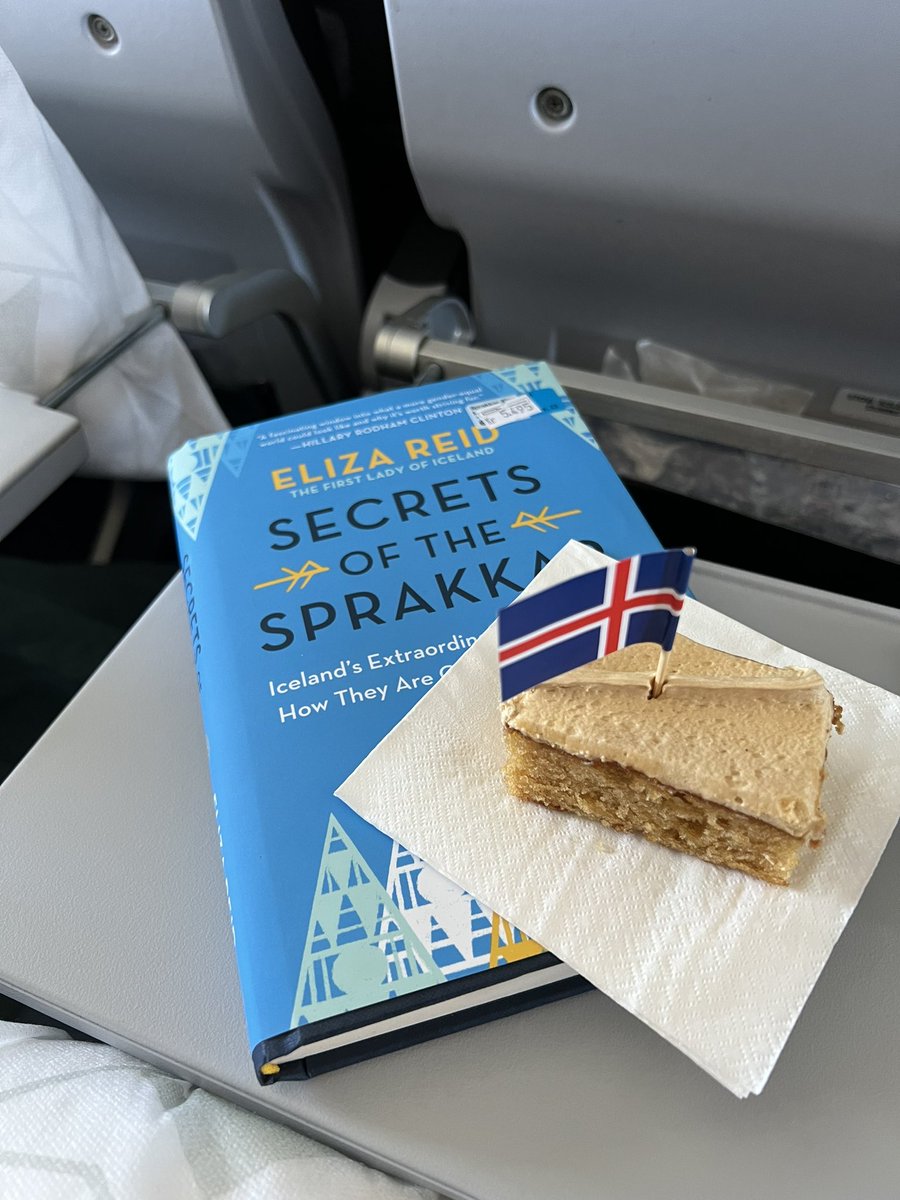 lbleamas's tweet photo. A slight glitch with flights had me traveling home from Iceland on its Independence Day (1944), so of course @Icelandair provided everyone with cake! Coupled with picking up a copy of Secrets of the Sprakkar by @elizajreid made for a nice flight home. @PresidentISL #goTUiceland https://t.co/euRmuSXvoS