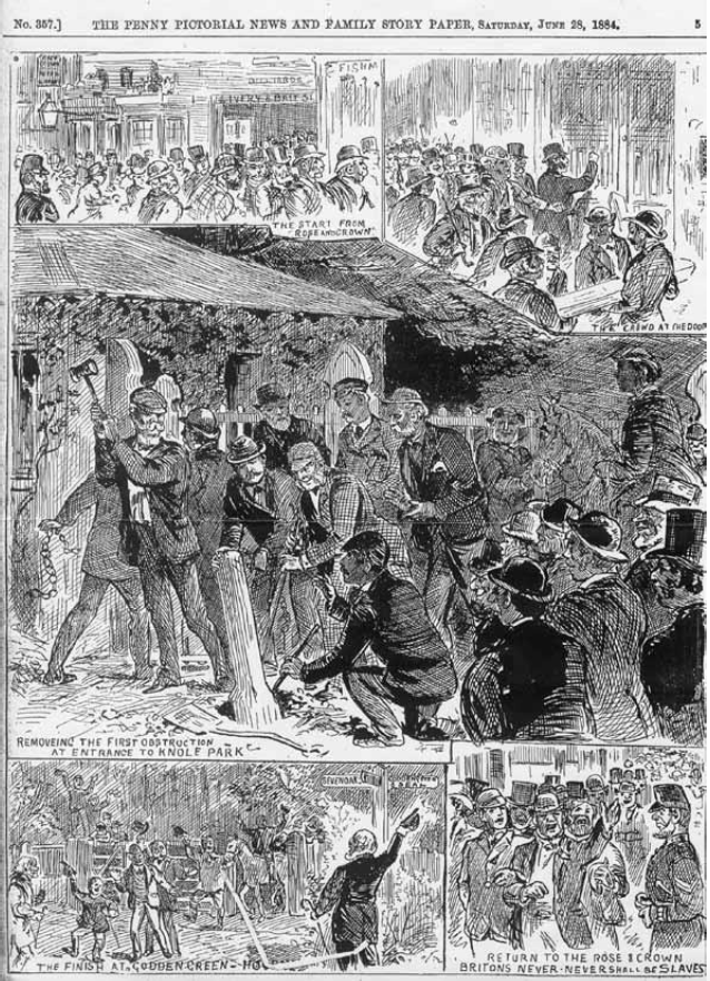 countrywalking's tweet photo. #OnThisDay in 1884, the cross-dressing townsfolk of Sevenoaks in Kent tear down chains and posts obstructing a popular footpath through Knole Park. 

The 1000-strong ‘riotous’ crowd ceremoniously deposit the barriers at path-shutting landowner Lord Sackville’s front door. #OTD https://t.co/00Tt7GoKCQ
