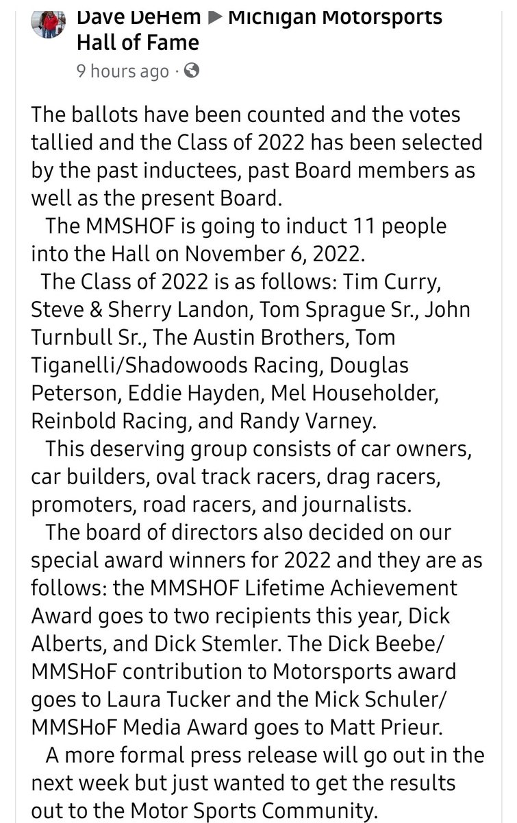mattprieur's tweet photo. How about that.... 

Won the 2022 Mick Schuler Memorial / Michigan Motorsports Hall of Fame Media Award https://t.co/H69QvrGuA8