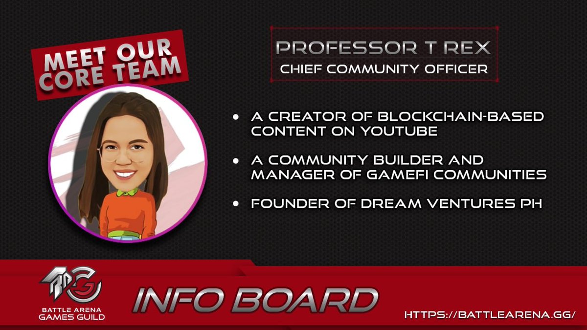 BattleArenaGG's tweet photo. Meet our CCO Professor T Rex ๐
She is the Founder of @dreamventuresph, a VC firm that partners with #GameFi projects. Thru her connections & expertise in the blockchain industry, #BAGG is surely in good hands๐ฅ
๐ https://t.co/rHvVHOKuN4
#GamesGuild #Scholarship #BAGG https://t.co/uvImmA0EDm