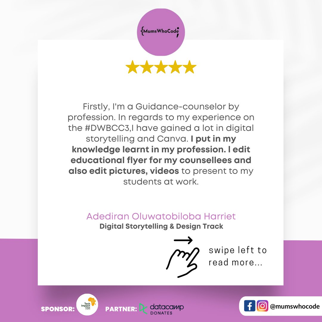 mumswhocode's tweet photo. Testimonials from our Digital Storytelling and Design track.
We love to see it ๐ฅฐ
Special mention @yoursocialmedia_friend
@tiepharhs_treasured_crafts
@jasishana @chi . Amazing team!!!
#mumswhocode #techbootcamp #techimpact #womenintech https://t.co/rTH4d84fNy