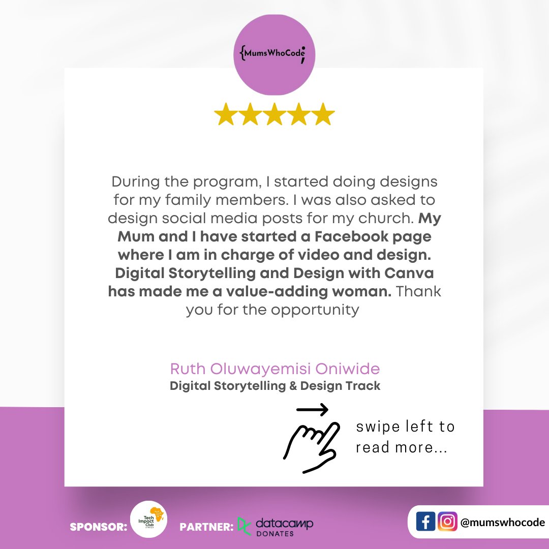 mumswhocode's tweet photo. Testimonials from our Digital Storytelling and Design track.
We love to see it ๐ฅฐ
Special mention @yoursocialmedia_friend
@tiepharhs_treasured_crafts
@jasishana @chi . Amazing team!!!
#mumswhocode #techbootcamp #techimpact #womenintech https://t.co/rTH4d84fNy