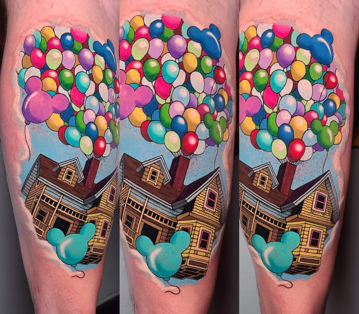 SWMOSOONER's tweet photo. Resting my head in Norman tonight after Kyle Chaney at 405 Studios in OKC absolutely killed my #UPmovie #Pixar tribute tattoo on my calf for my family #TattooMaster #405Studios https://t.co/Zo3B2stOTp