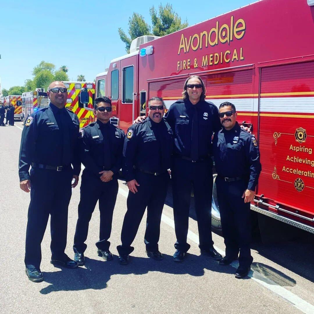AFM Firefighters paid their respects to Sun City Firefighter Shane Godbehere at his funeral services today.  Our hearts go out to his Family, Friends, and Sun City Fire and Medical. Rest in peace Brother. #HonorandRespect #AFM #brotherhood