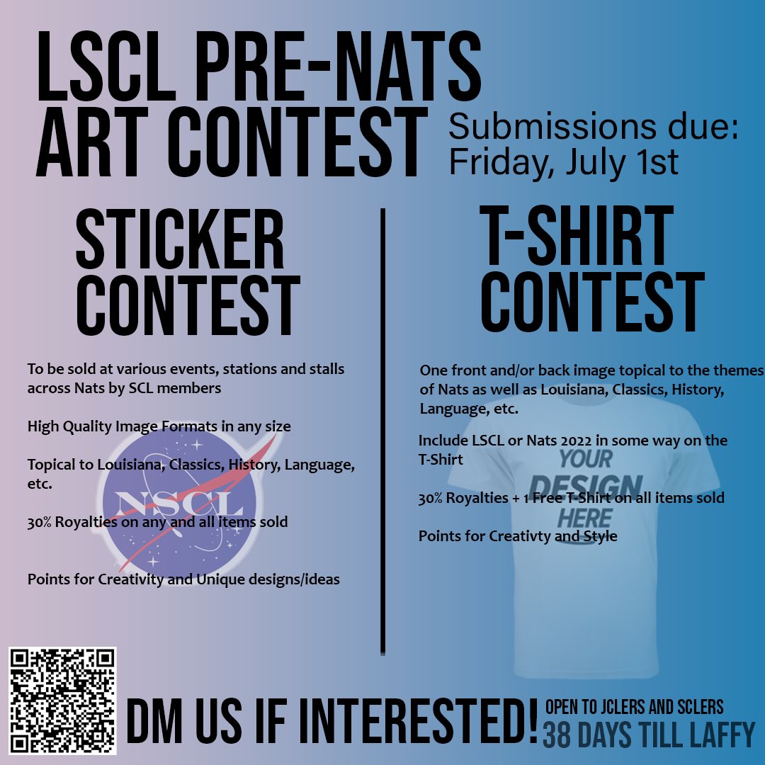 LouisianaSCL's tweet photo. Show off your art through LSCL at Nats. Open to any JCLers or SCLers. DM us if you have any questions! Voting on the selection will be done by LSCL standing members. https://t.co/SsQz0KUGgd