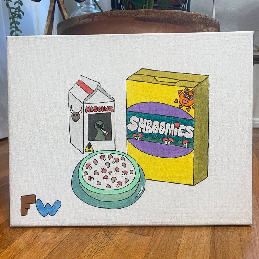 FriedWaterNFT's tweet photo. Shroomies! Part of a complete balanced breakfast 👽🍄🥣 
@HyphyMurph #FriedWater #mushrooms #NFT #acrylicpainting #11x14 
https://t.co/I6ZSNICqWk https://t.co/nnE0SPIiuw