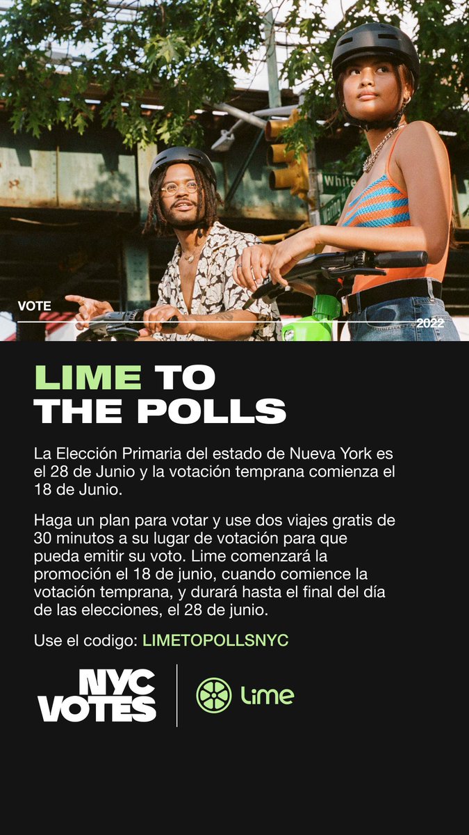 nickey_y's tweet photo. In #newyork #earlyvoting begins 6/18. If you’re in the #Bronx @limebike is offering #free rides to the polls with promo code LIMETOTHEPOLLSNYC. For voting, info visit @NYCVotes #LimeToThePolls #nycvotes https://t.co/wgY1KHgbOP