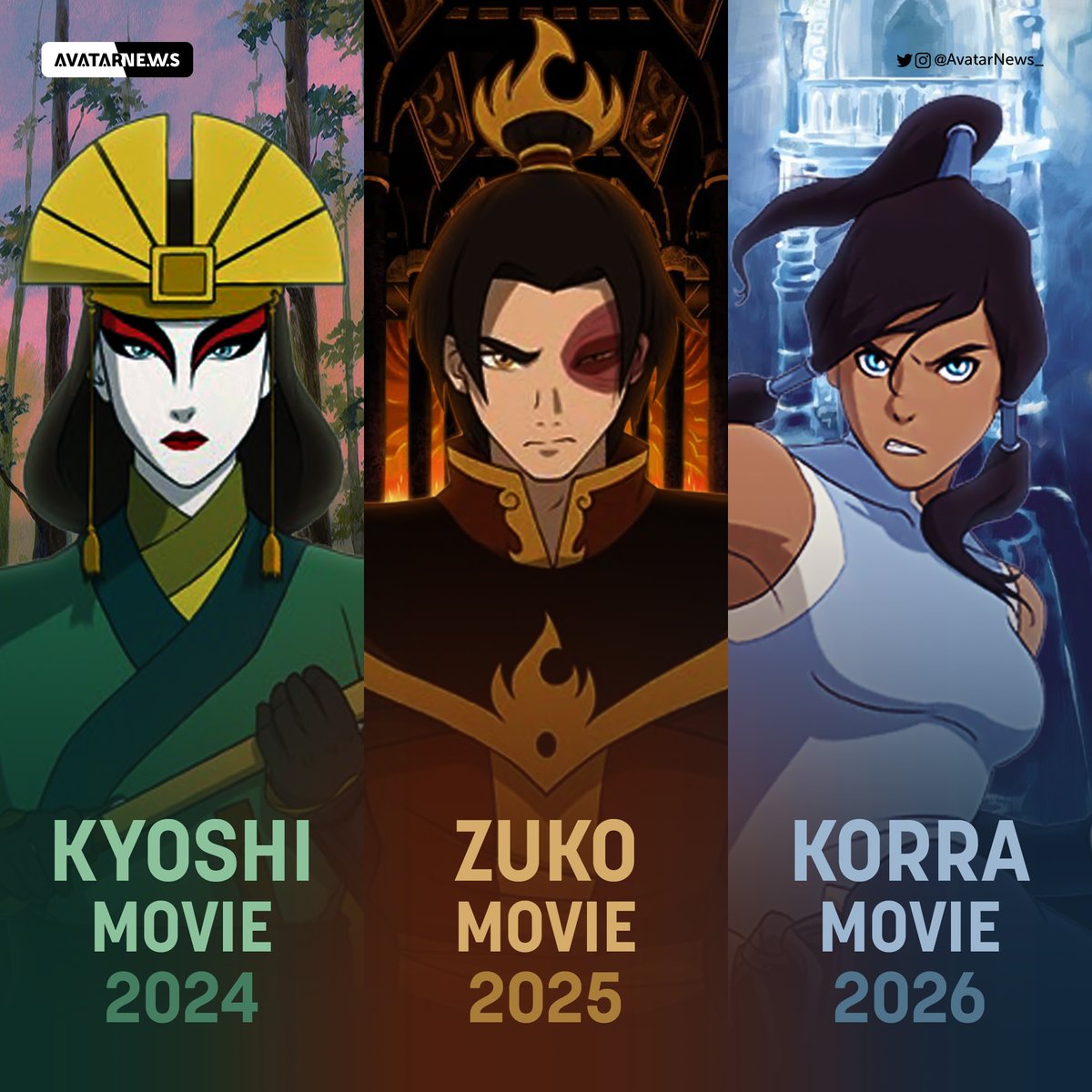 Paramount and Avatar Studios' first three animated Avatar movies coming to theaters:
⛰️ Kyoshi (2024)
🔥 Zuko (2025)
🌊 Korra (2026)

All the info: avatarnews.co/post/687354302…
