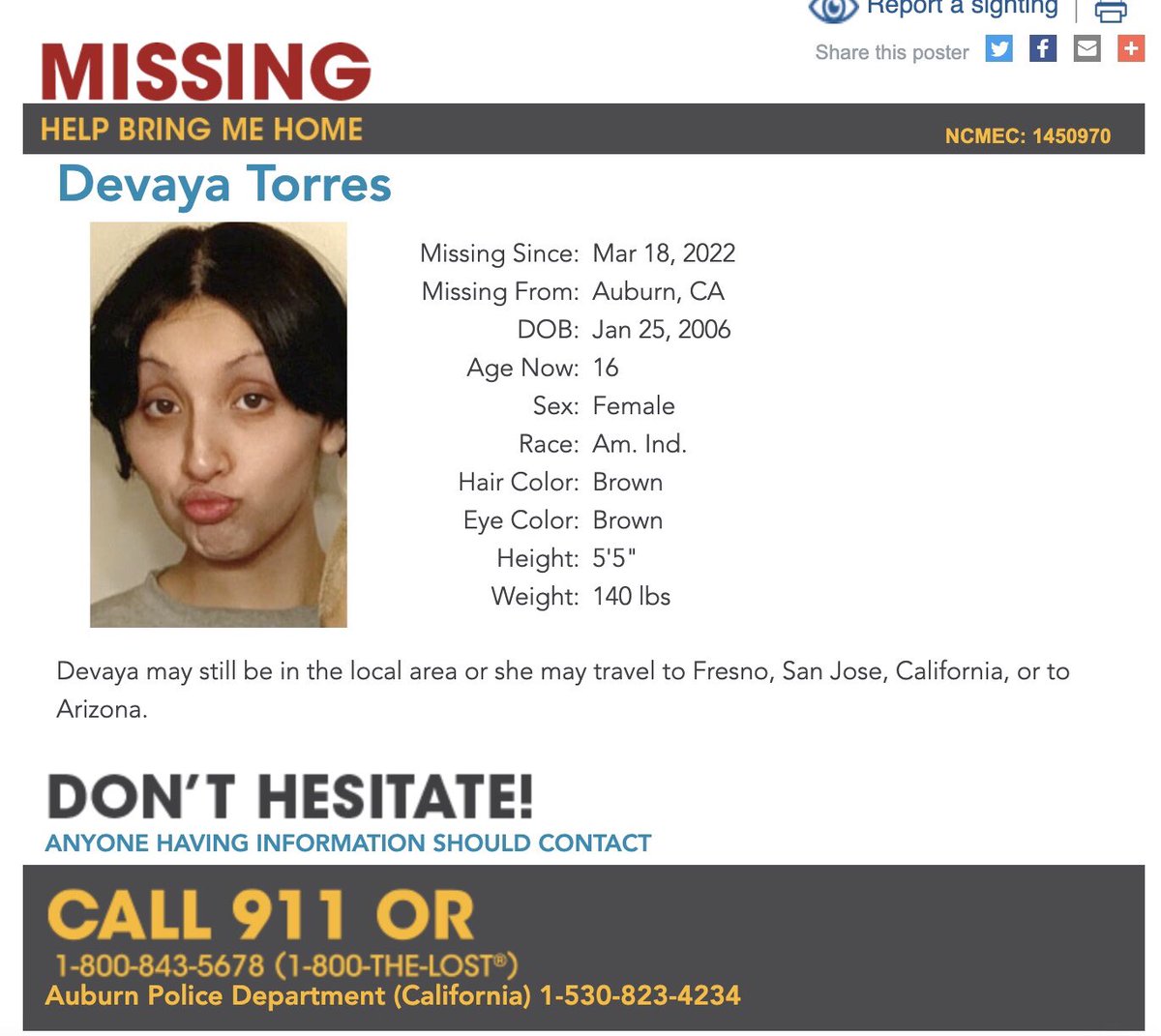 UsaMmiw's tweet photo. ๐MISSING๐
DEVAYA TORRES
LAST SEEN MARCH 18, 2022
AUBURN, CALIFORNIA
#mmiw #mmiwusa #mmiwg #missingandexploitedchildren #findourmissingpoc #findourgirls #california #mmiwcalifornia #missingincalifornia #NativeTwitter https://t.co/kP5SUIyAYV